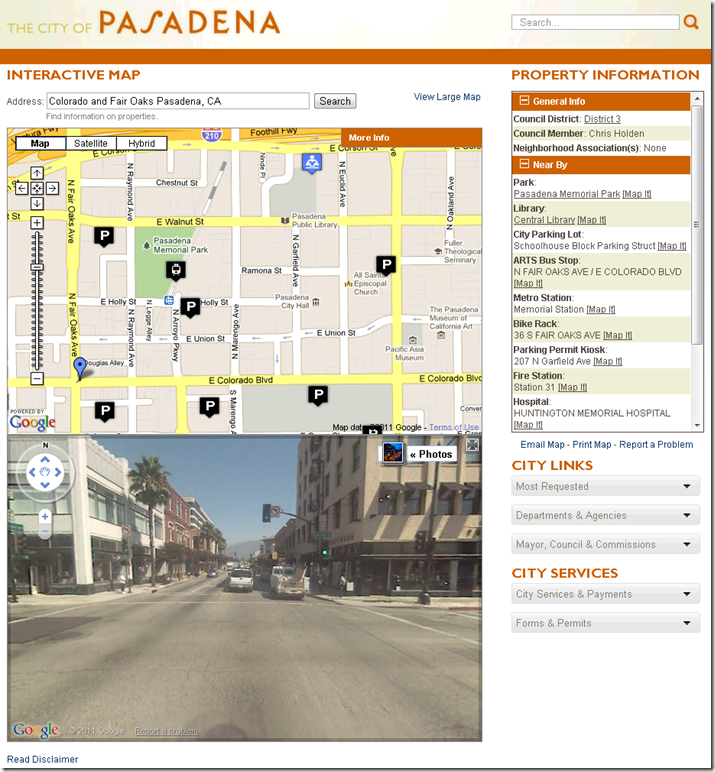 Screen shot of The City of Pasadena Interactive Map